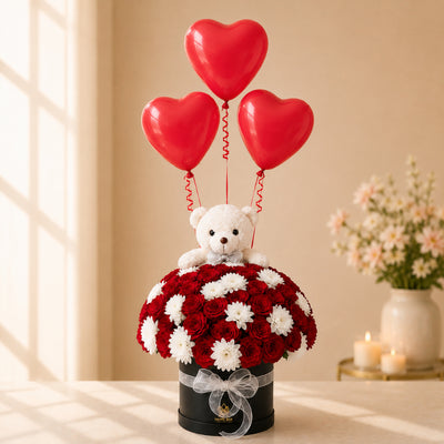 Luxury Rose Box With Teddy Bear & Heart Balloons