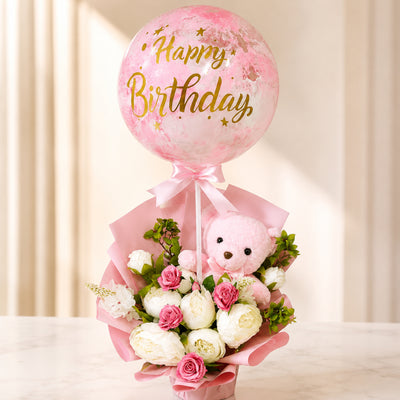 Happy Birthday Flower Bouquet with Teddy Bear & Bubble Balloon