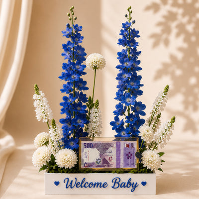 Welcome Baby Boy Artificial Flower Arrangement with Money Box