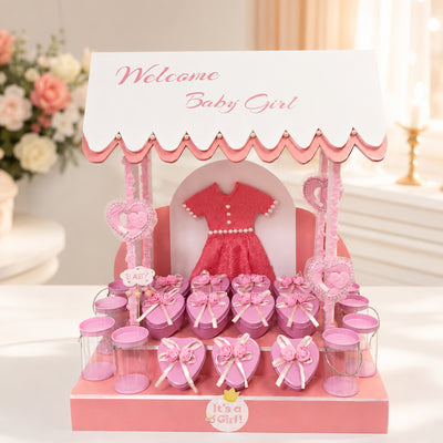 Welcome Baby Girl Candy & Treat Display Stand With Heart Gift Boxes