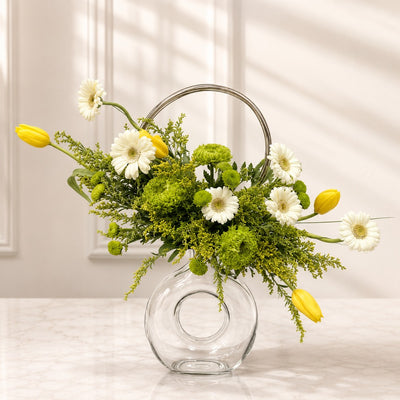 Modern Glass Vase Floral Arrangement with White Gerbera & Yellow Tulips
