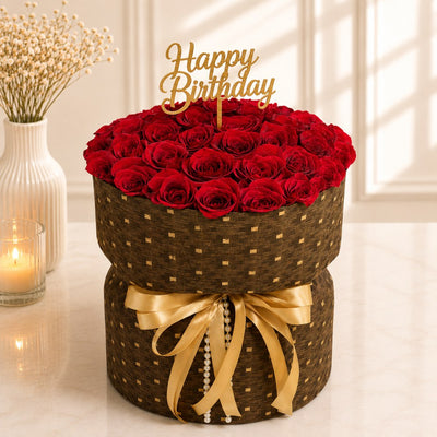 Luxury Red Rose Happy Birthday Flower Bouquet - Fabric Bouquet