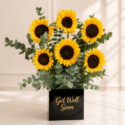 Get Well Soon Sunflower Floral Box Arrangement With Eucalyptus