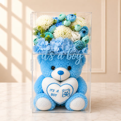 It's A Boy Baby Gift Box With Teddy Bear & Blue Artificial Floral Arrangement