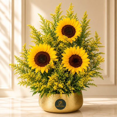 Elegant Sunflower Arrangement In Golden Vase