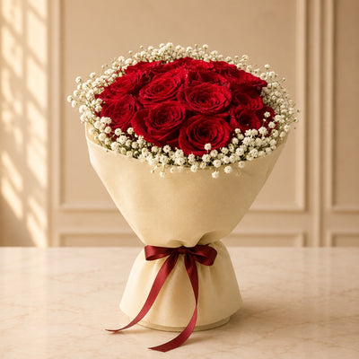 Luxury Fresh Red Rose Bouquet With Baby's Breath Flowers