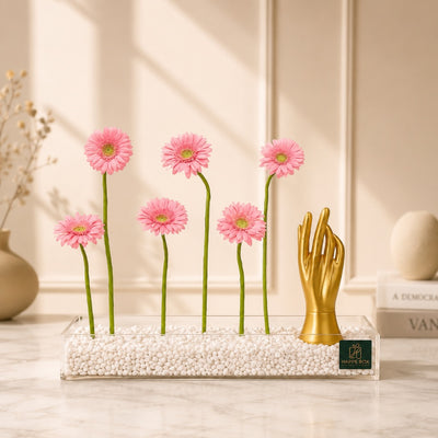 Pink Gerbera Daisy Arrangement With Decorative Gold Hand Sculpture