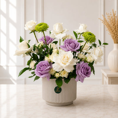 Purple & White Rose Fresh Flower Arrangement In Ceramic Vase
