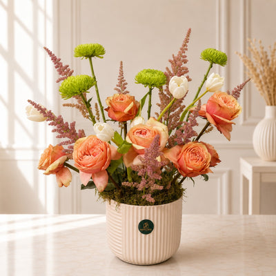 Elegant Peach Garden Rose Floral Arrangement In Ceramic Vase
