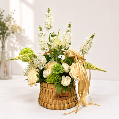 White Rose & Green Chrysanthemum Artificial Flower Basket Arrangement
