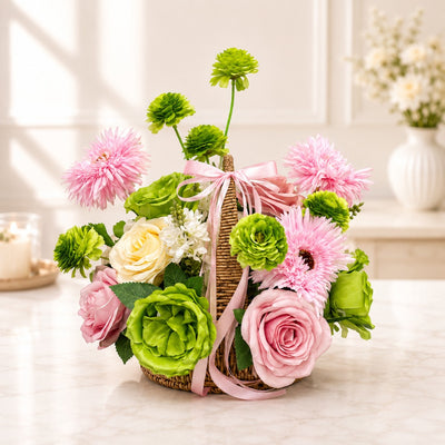 Premium Pink Rose & Green Chrysanthemum Artificial Flower Basket