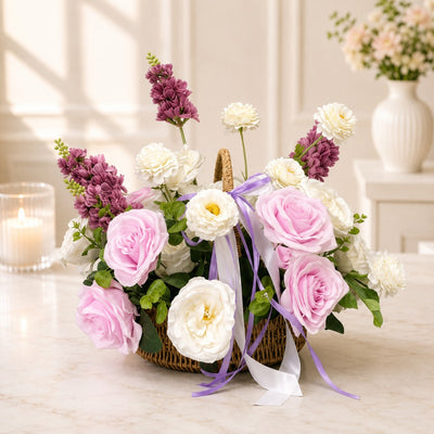 Pink Rose & White Chrysanthemum Artificial Flower Basket