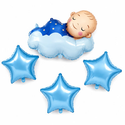 Sleeping Baby Boy With Star Foil Balloons Set - Blue - Pack Of 4 (Uninflated)