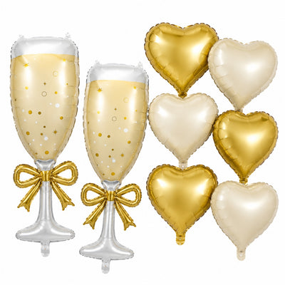 Champagne Glass & Heart Foil Balloon Set - Gold & Ivory - Pack Of 8 (Uninflated)