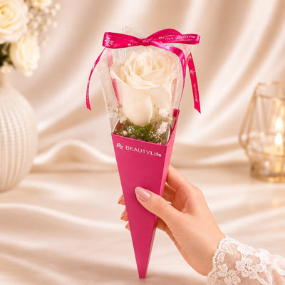Single White Rose Flower Gift Cone