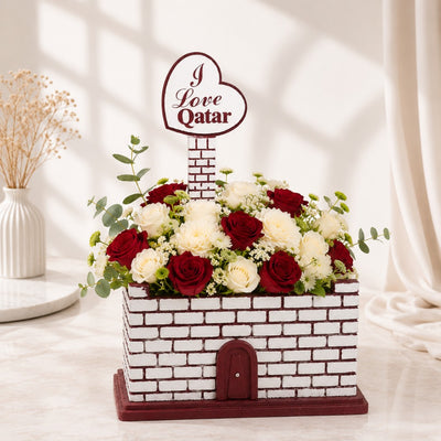 I Love Qatar Floral Arrangement With Red & White Roses