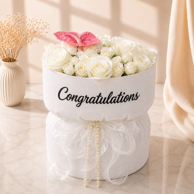 Congratulations White Rose Round Flower Bouquet
