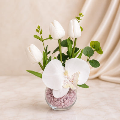 White Tulip & Orchid Artificial Flower Vase Arrangement
