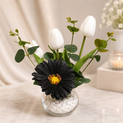 White Tulip & Black Gerbera Artificial Flower Vase Arrangement