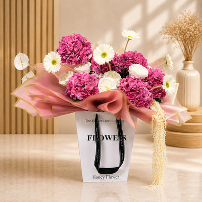 Pink Hydrangea & White Gerbera Fresh Flower Gift Bag