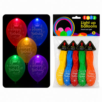 Led Light Up Happy Birthday Print Balloons - Assorted Colours - Pack Of 5