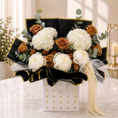 White Peony & Cappuccino Rose Flower Bag Arrangement