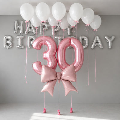 Happy Birthday Party Decoration Balloon Arrangement - Pink And White