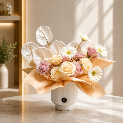 Artificial White Anthurium & Blush Pink Rose Vase Arrangement