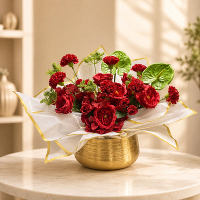 Mixed Red Artificial Flower Golden Vase Arrangement