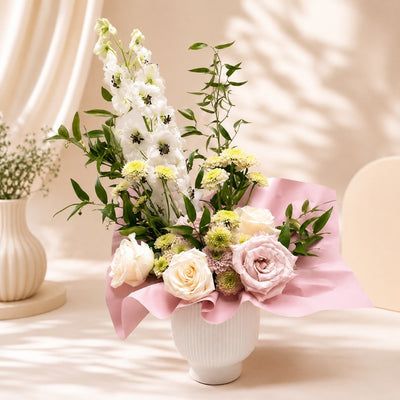 Fresh White Delphinium & Blush Rose Arrangement in Ceramic Vase