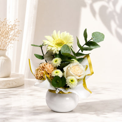 White Gerbera & White Rose Arrangement In Ceramic Vase
