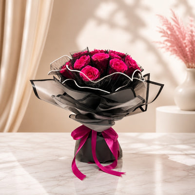 Elegant Fuchsia Rose Bouquet with Pearl Accent