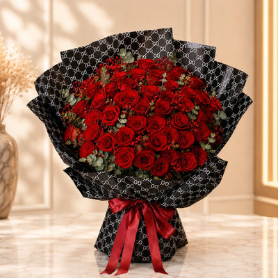 Premium Red Rose Bouquet with Black Gift Wrapping