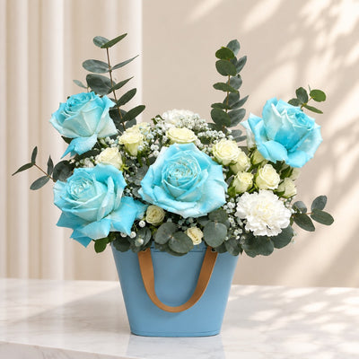 Luxury Blue Rose Arrangement in Decorative Gift Bag Vase