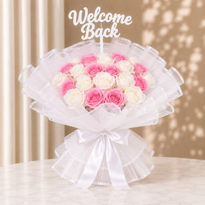 Elegant Welcome Back Rose Bouquet With White Wrapping
