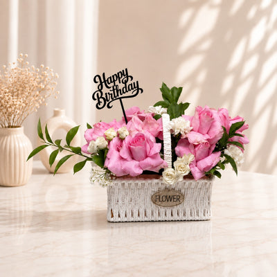 Elegant Happy Birthday Pink Rose Floral Basket
