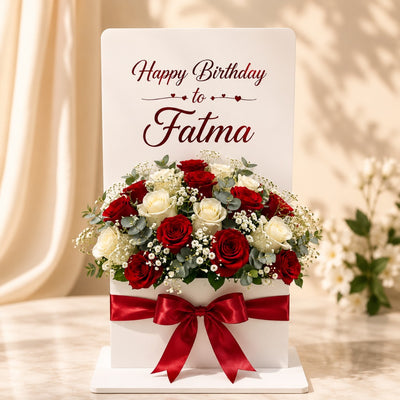 Personalized Happy Birthday Red & White Rose Flower Arrangement