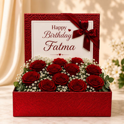 Personalized Happy Birthday Red Rose Flower Box with Baby’s Breath
