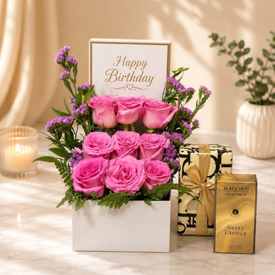 Happy Birthday Pink Rose Flower Arrangement with Perfume Gift Set
