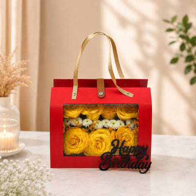 Happy Birthday Yellow Rose Flower Arrangement in Red Gift Bag