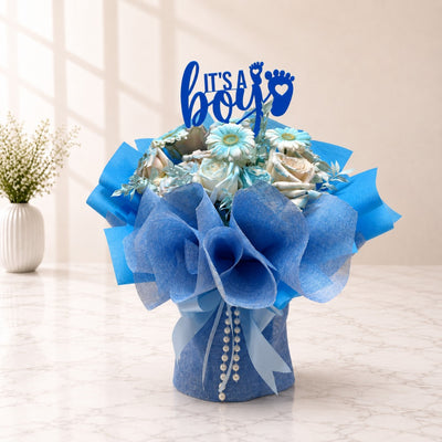Welcome Baby Boy Blue & White Mixed Flower Bouquet with “It’s a Boy” Topper