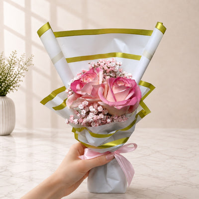 Elegant Pink Rose Bouquet with Baby’s Breath