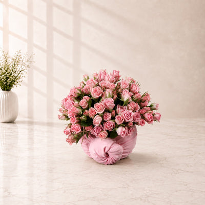 Blush Pink Spray Rose Flower Arrangement in Pink Fabric Vase