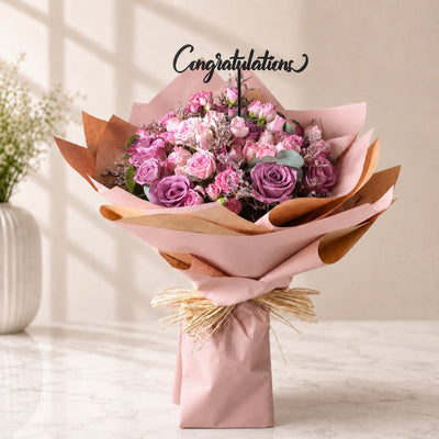 Congratulations Pink & Purple Rose Bouquet with Premium Pink Wrapping