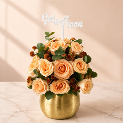 Get Well Soon Peach Rose Flower Arrangement In Gold Vase