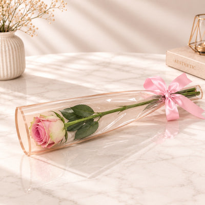 Elegant Single Pink Rose Gift Wrap With Satin Ribbon