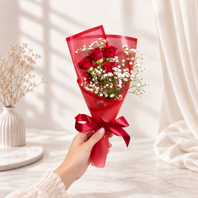 Red Spray Rose & Baby’s Breath Mini Flower Bouquet With Red Wrapping