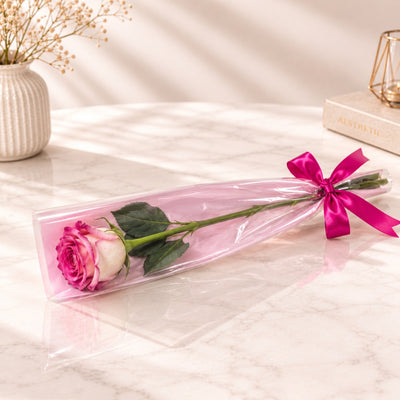 Elegant Single Pink Rose Gift Wrap With Fuchsia Satin Ribbon