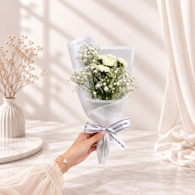 Elegant White Chrysanthemum & Baby’s Breath Mini Flower Bouquet