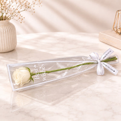 Elegant Single White Rose Gift Wrap With “Best Wishes” Message & Satin Ribbon